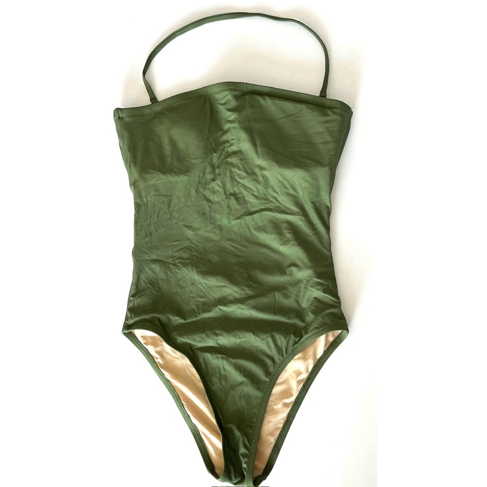 J Crew one piece swimsuit womens 4 green strapless Cross back bandeau shelf bra